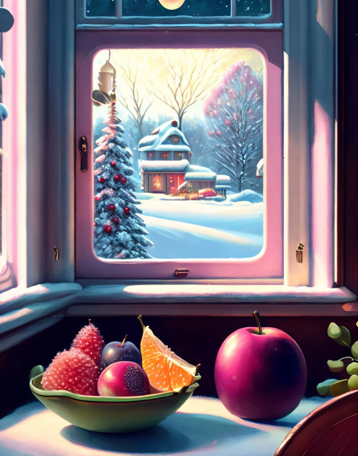 Winter Window View: Christmas tree, cozy house, fruit bowl