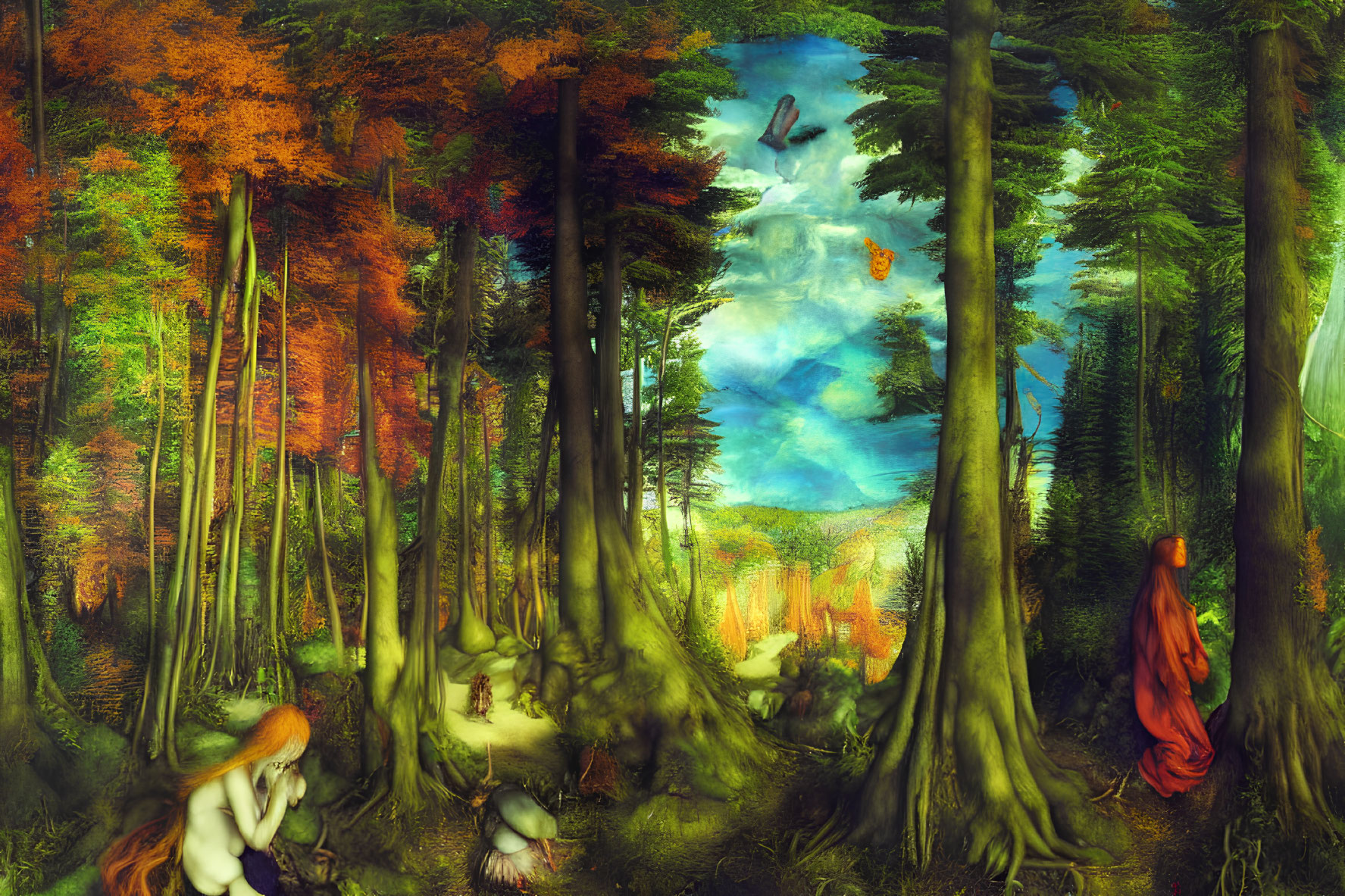 Surreal forest scene with human-like figures and vibrant foliage