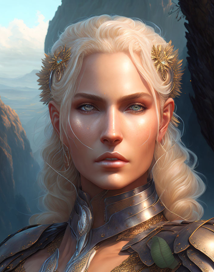 Fantasy digital artwork: Platinum blonde hair, blue eyes, golden accessories, ornate armor