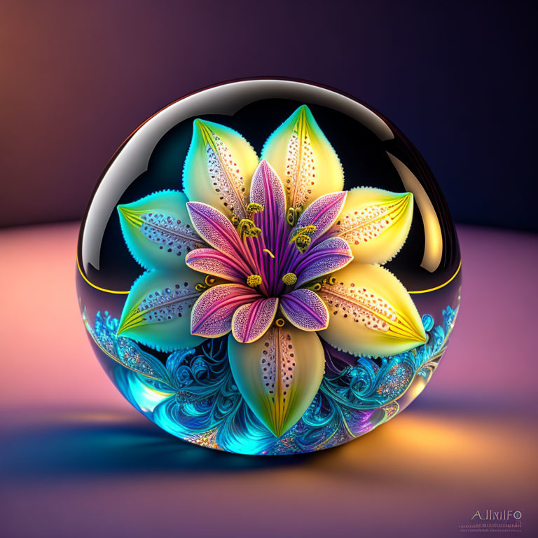 Vibrant floral design on glossy spherical orb illustration