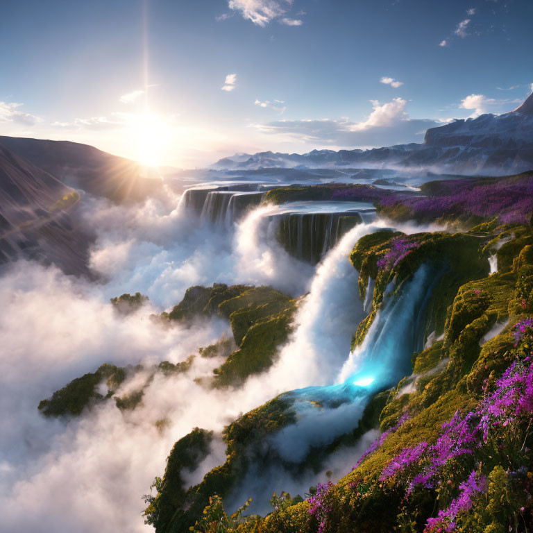 Majestic waterfall at sunrise with purple flowers and glowing sky