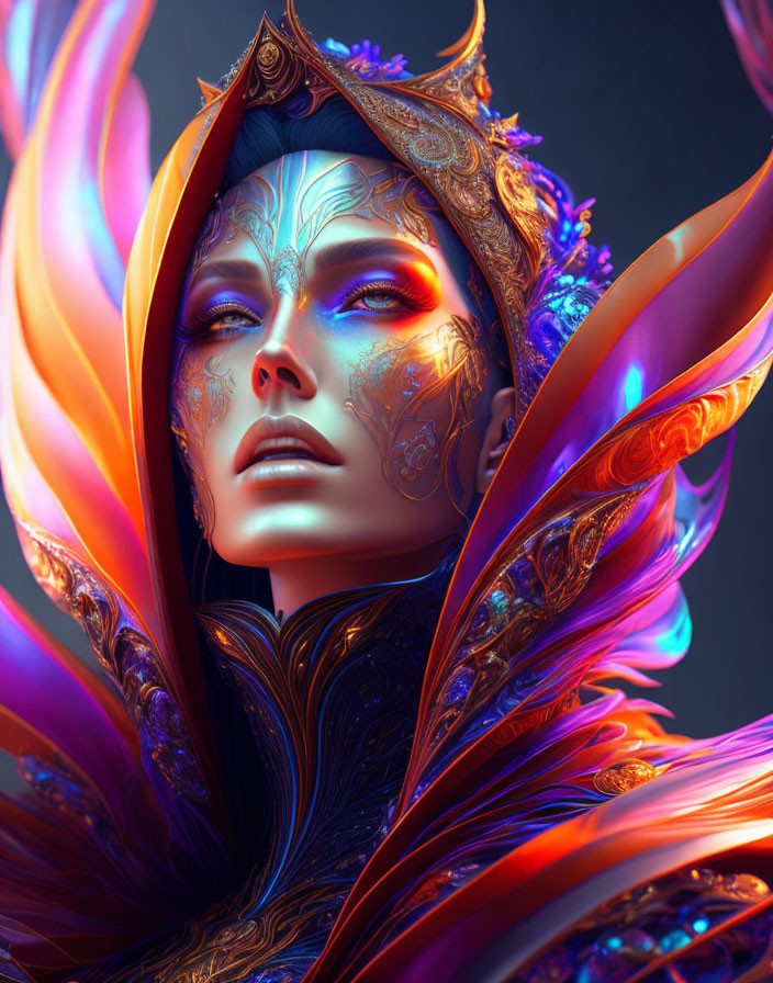 Elaborate Orange and Blue Headgear on Woman in Digital Art