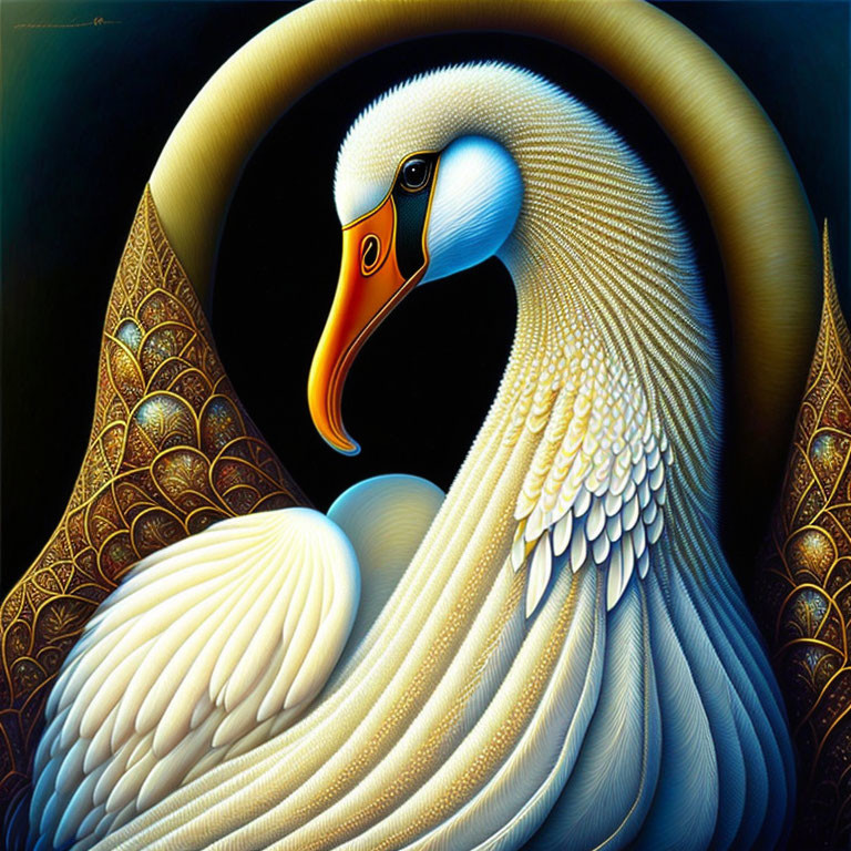 Swan Artwork with Intricate Patterns and Vibrant Golden Hues