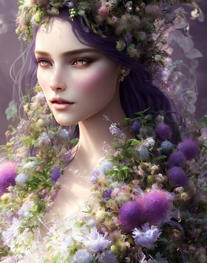 Fantasy portrait of woman with purple hair and floral crown in violet setting