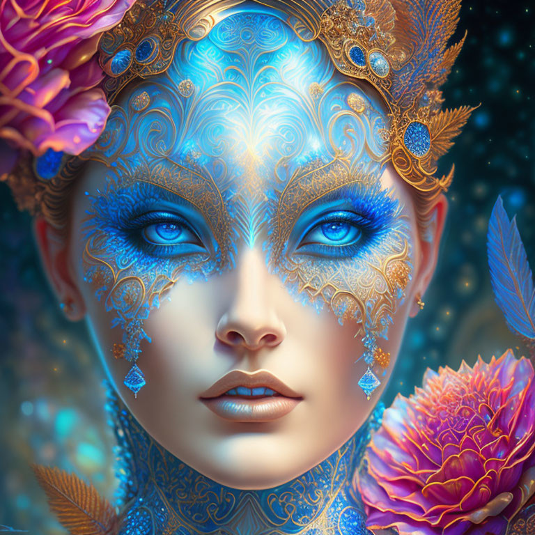 Ornate blue and gold facial designs on woman in digital artwork