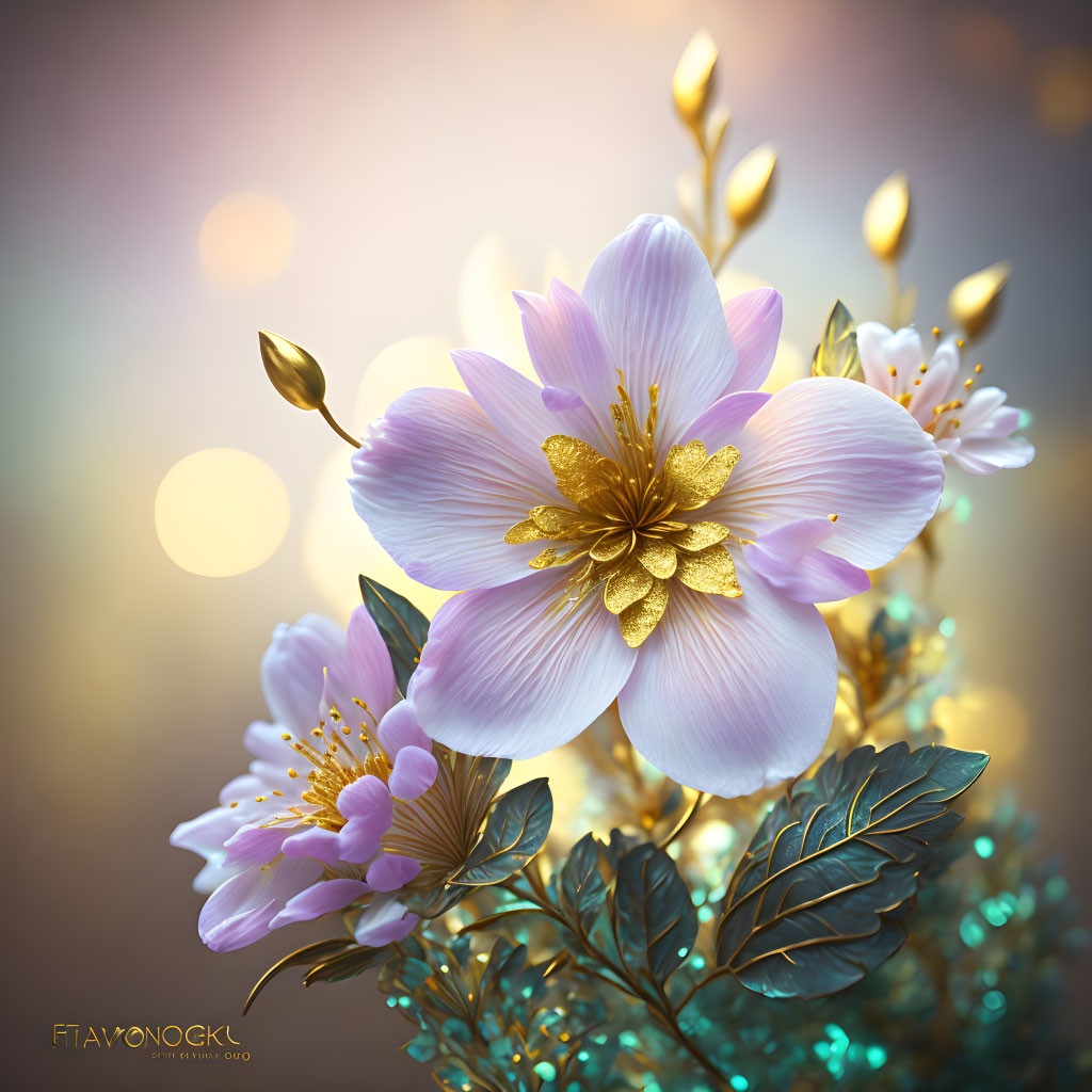 Digitally Rendered Golden Flower with Bokeh Background