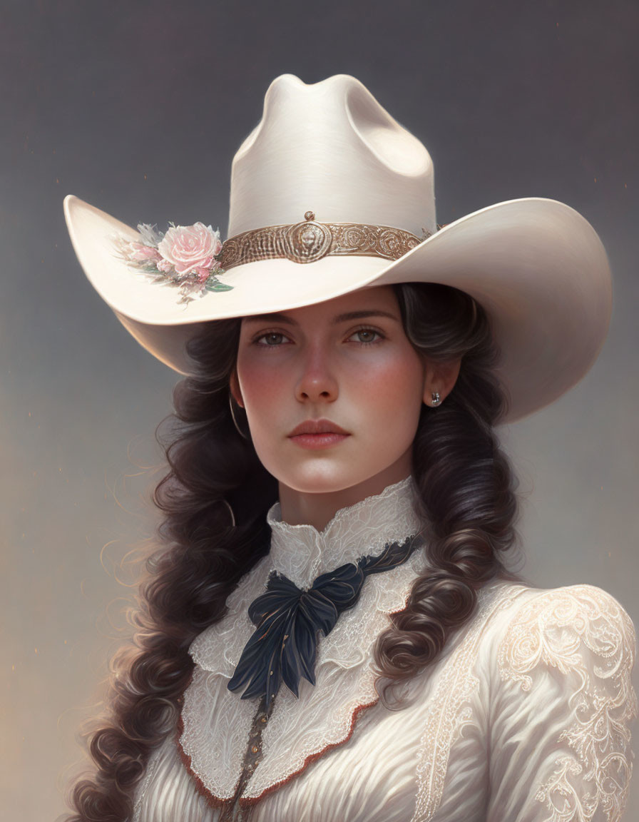 Woman with long, curly hair in cowboy hat and white blouse with blue necktie