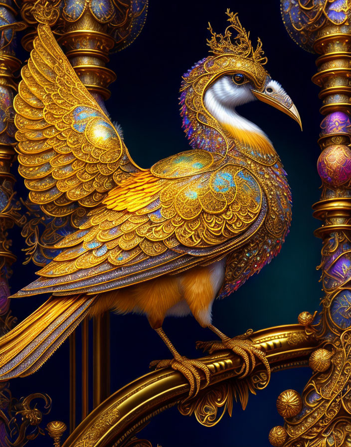 Colorful Digital Artwork: Ornate Bird with Golden & Turquoise Plumage