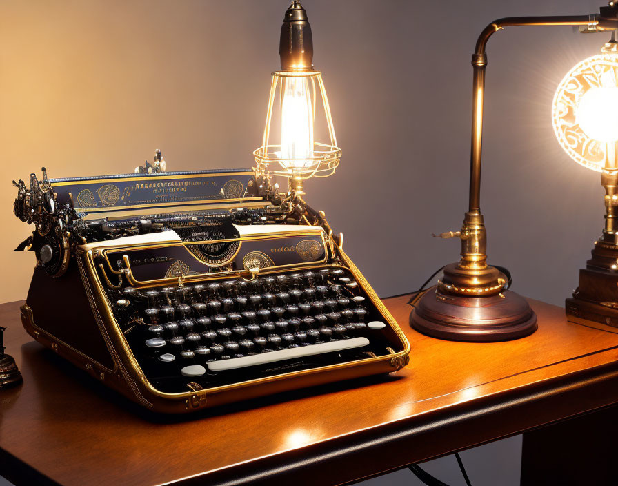 Vintage Black and Gold Typewriter on Desk with Classic Desk Lamps