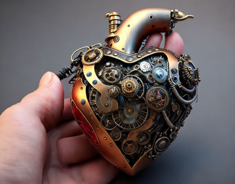 Steampunk-style heart with gears held by a hand