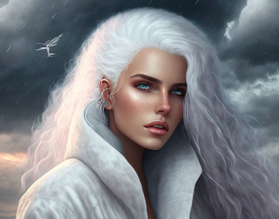 Portrait of woman with blue eyes, white hair, fur coat, under stormy sky with birds.