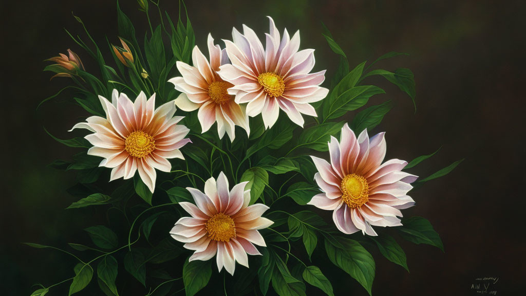 Pink Dahlias Painting on Dark Background with Green Foliage