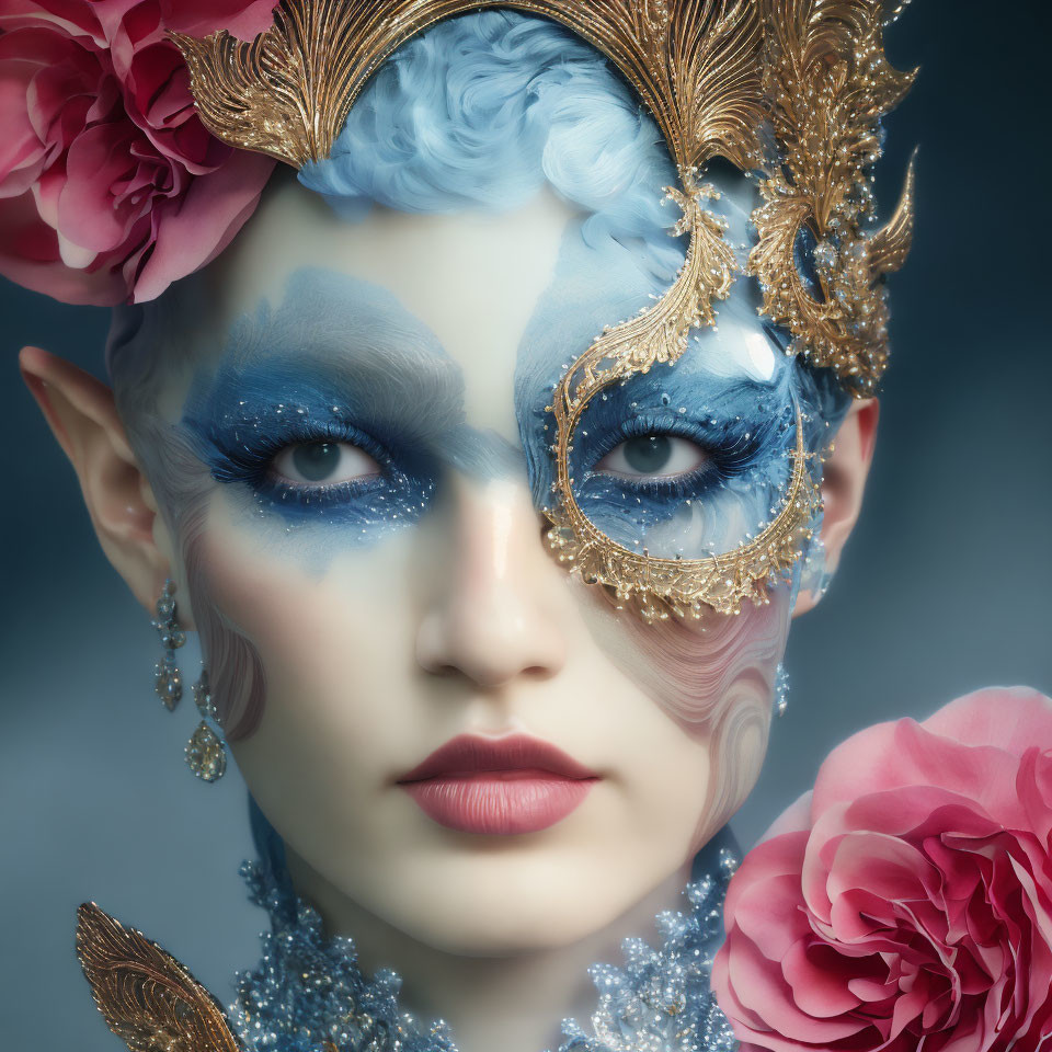 Elaborate fantasy makeup with gold accents and elf-like ears