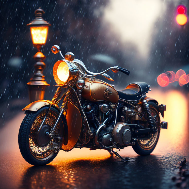 Vintage motorcycle in rain-soaked night street with streetlamps and raindrops