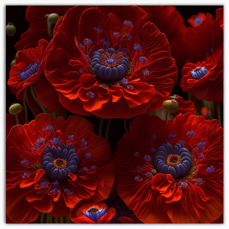 Detailed Red Poppies with Blue and Black Centers on Dark Background