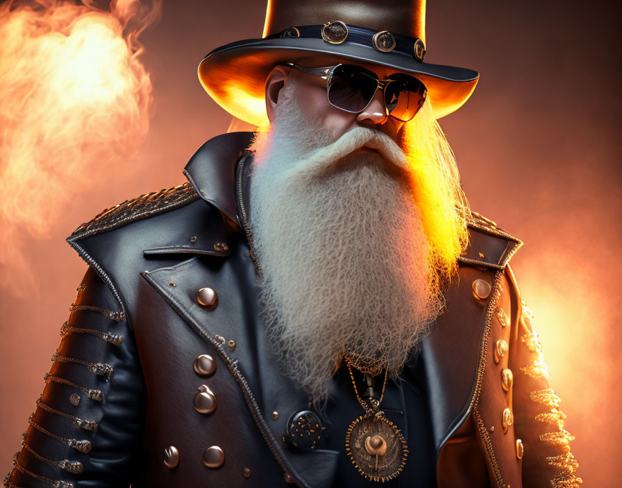 Man with long white beard, sunglasses, hat, and studded leather jacket against orange glow background