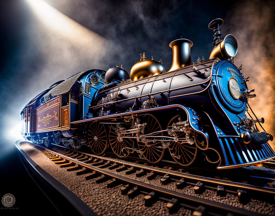 Vintage-style ornate train emits steam on tracks under dramatic sky.