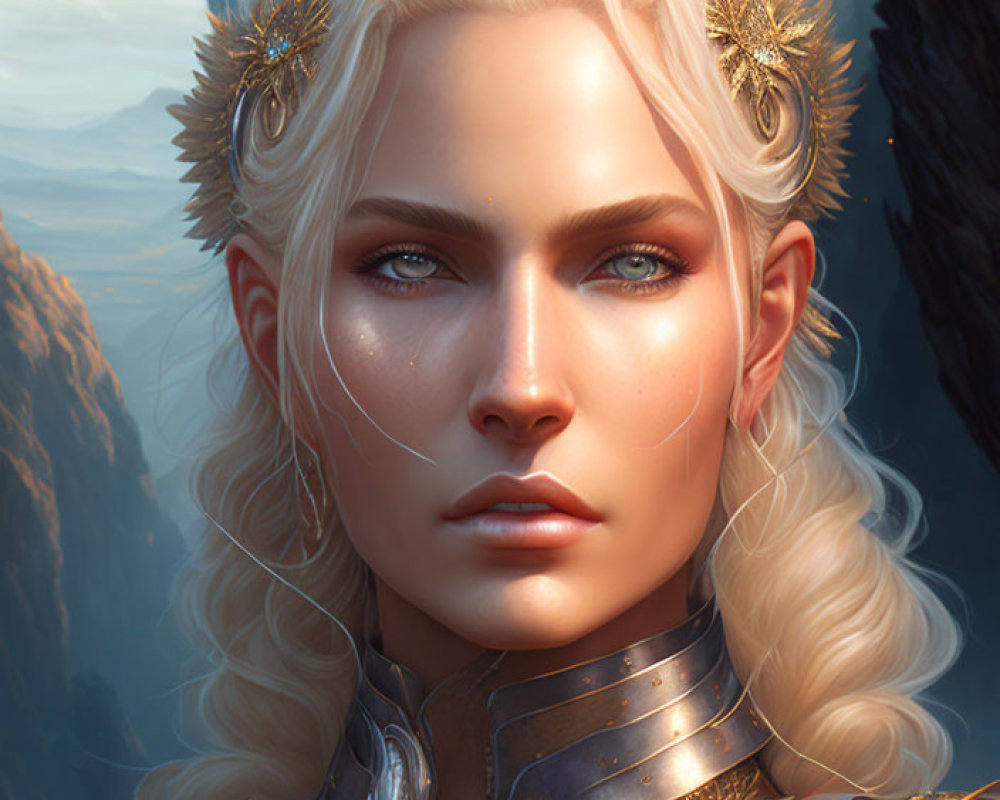 Fantasy digital artwork: Platinum blonde hair, blue eyes, golden accessories, ornate armor