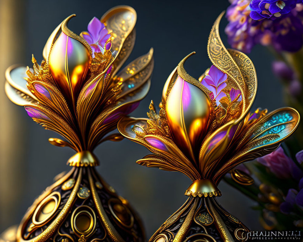 Colorful Metallic Floral Sculptures with Ornate Designs