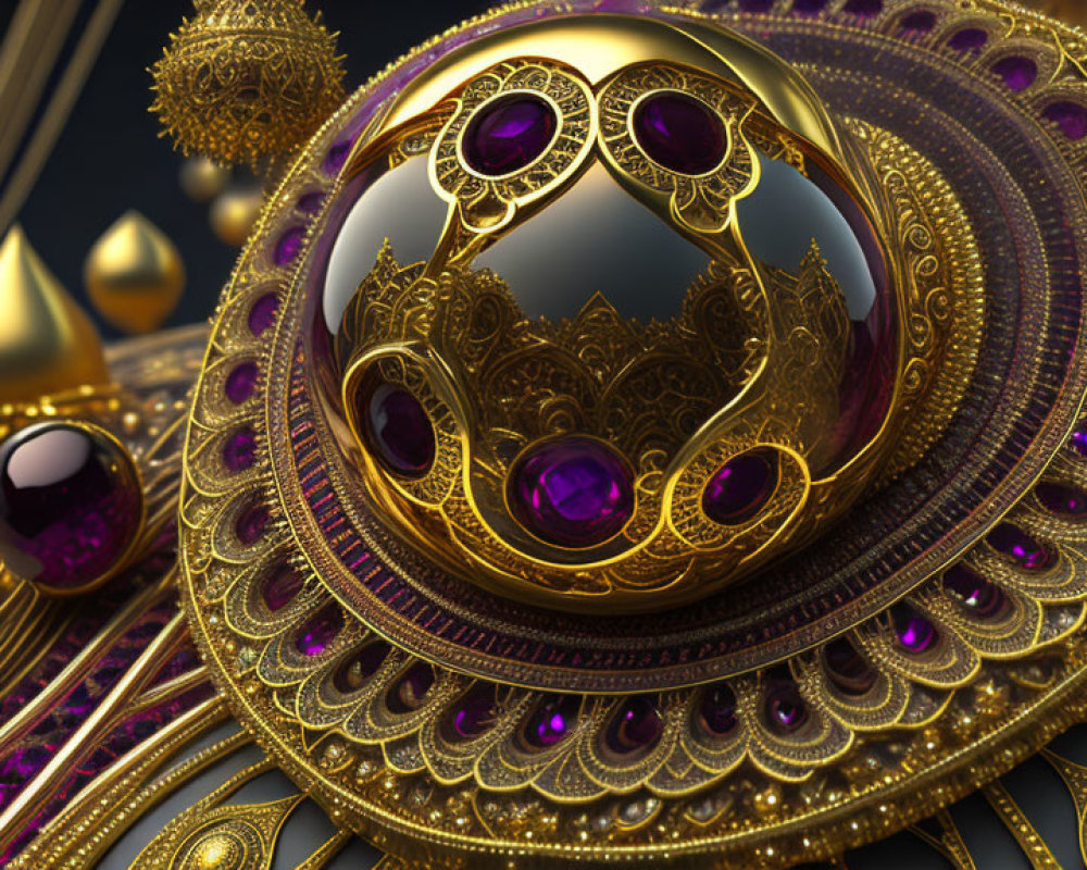 Detailed 3D Rendering of Ornate Golden Sphere with Purple Gems on Intricate Golden Background