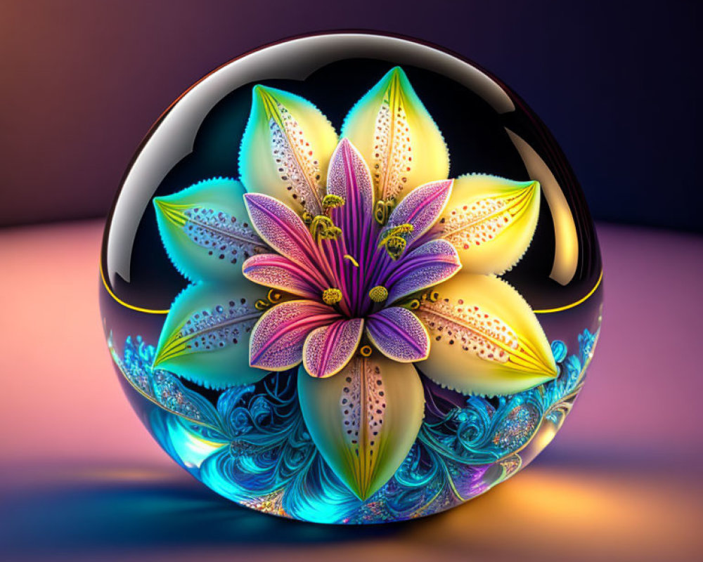 Vibrant floral design on glossy spherical orb illustration