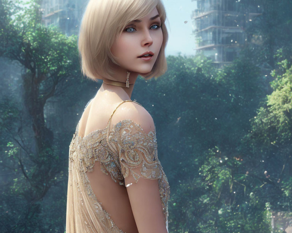 Digital portrait of woman with bob haircut in gold dress against lush greenery and high-rise buildings