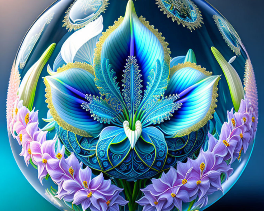 Intricate blue fractal flower with purple blossoms in digital art