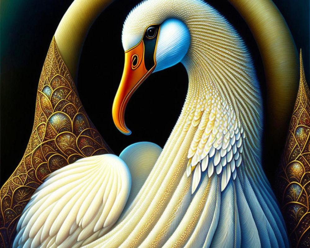 Swan Artwork with Intricate Patterns and Vibrant Golden Hues