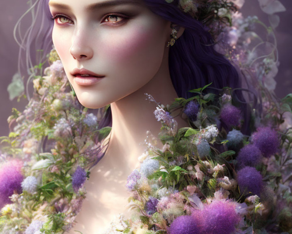 Fantasy portrait of woman with purple hair and floral crown in violet setting