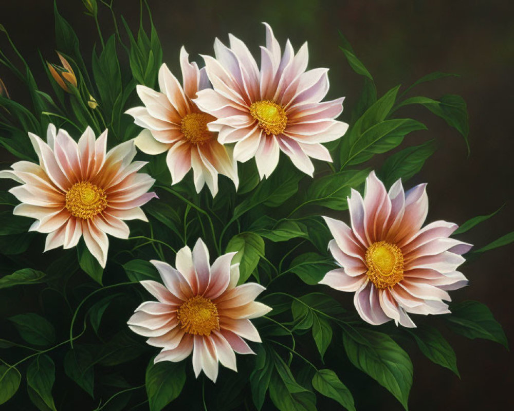 Pink Dahlias Painting on Dark Background with Green Foliage