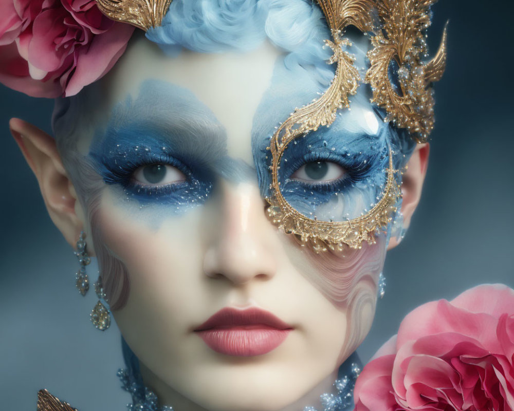 Elaborate fantasy makeup with gold accents and elf-like ears