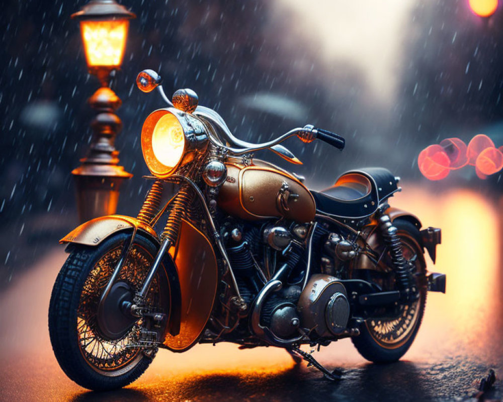 Vintage motorcycle in rain-soaked night street with streetlamps and raindrops