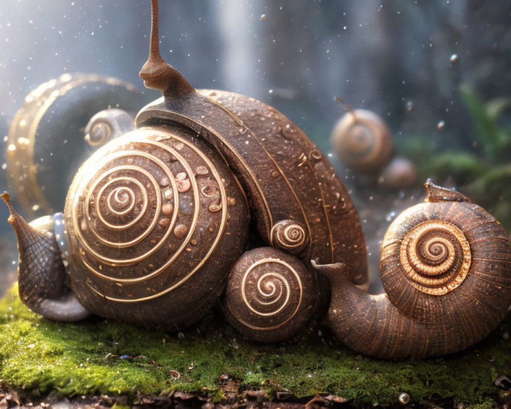 Detailed close-up of a swirling snail shell in a forest setting