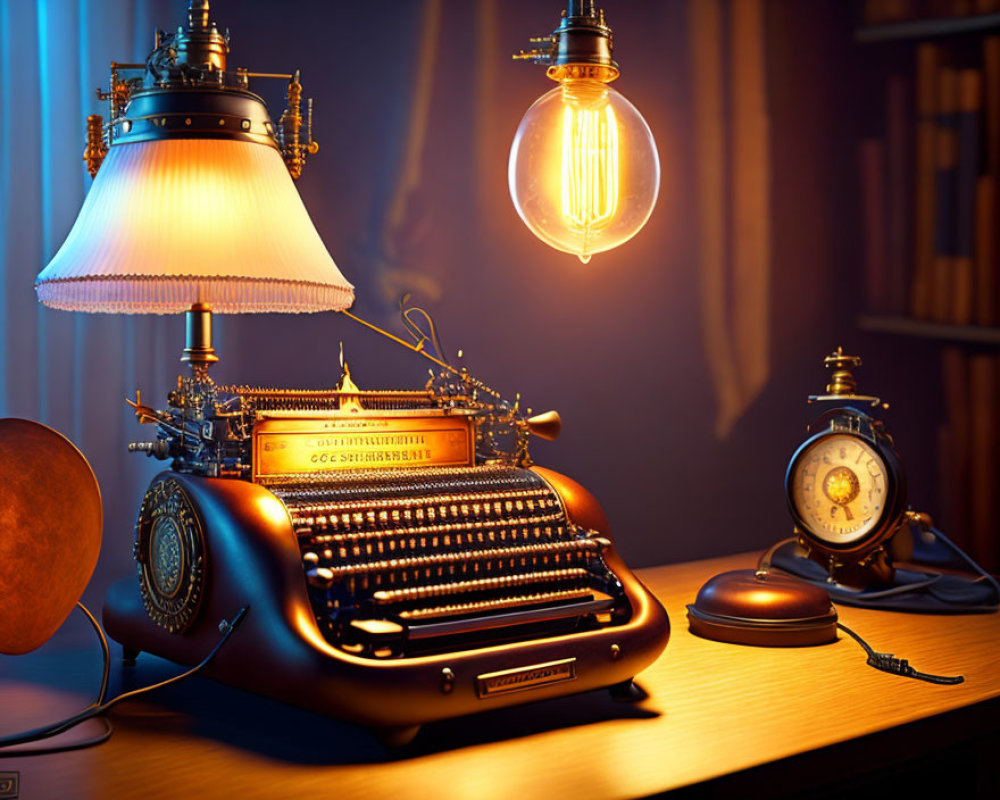Vintage desk setup with classic typewriter, retro lamp, filament bulb, old-fashioned telephone, and alarm