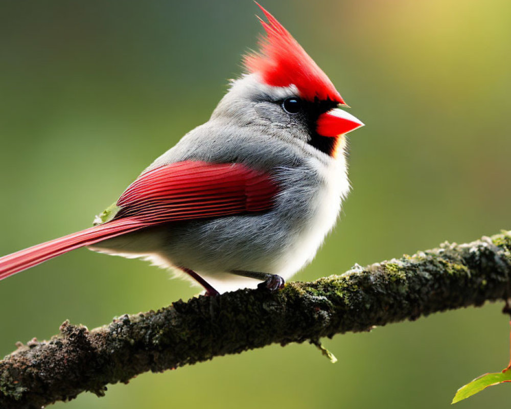 Vibrant red Northern Cardinal bird on moss-covered branch