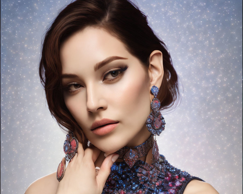 Styled Woman with Sparkly Earrings on Starry Background