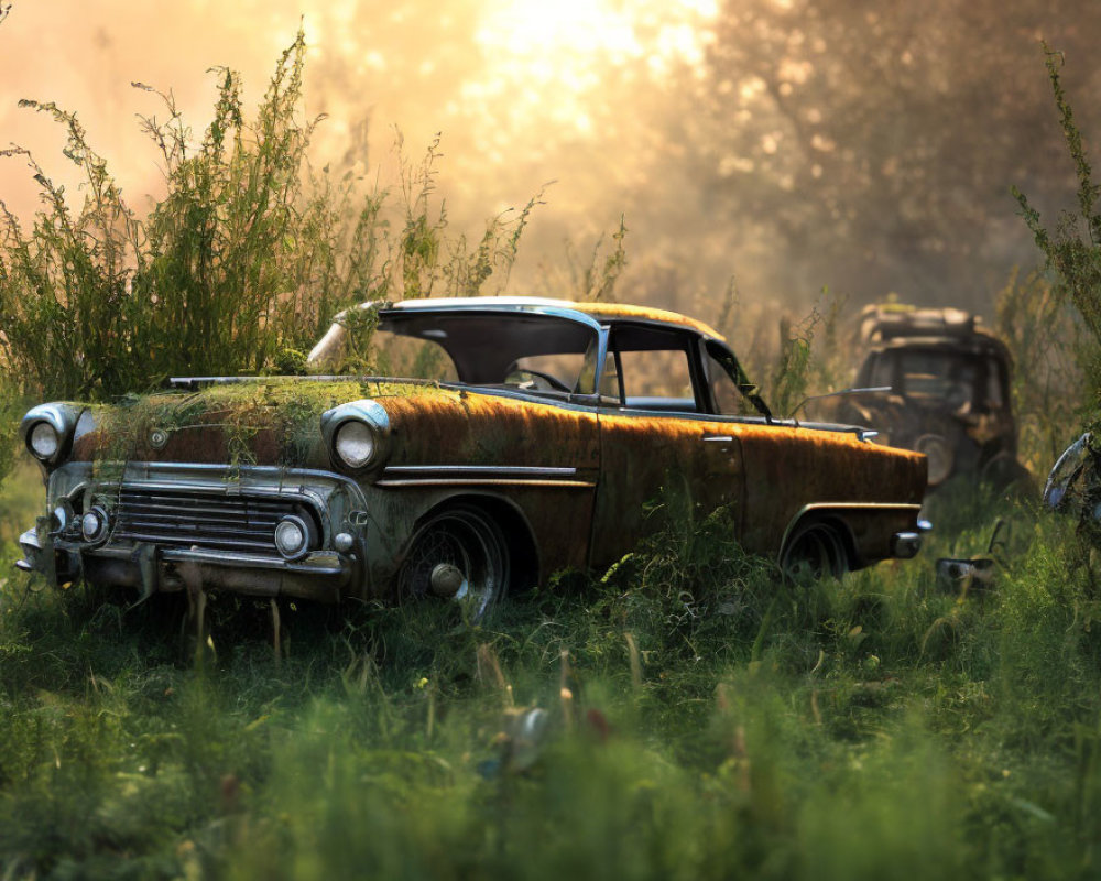 Abandoned vintage rusty cars in field at sunrise