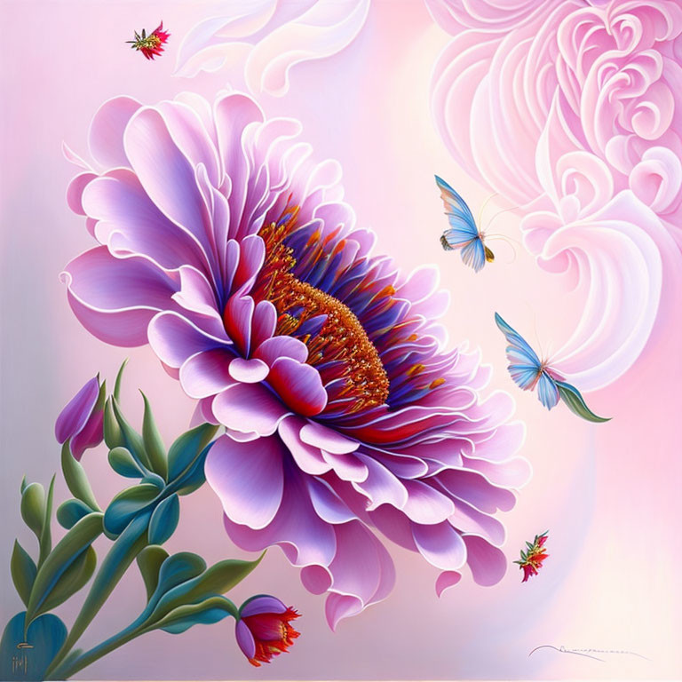 Detailed Purple Flower Digital Art with Butterflies on Pink Background