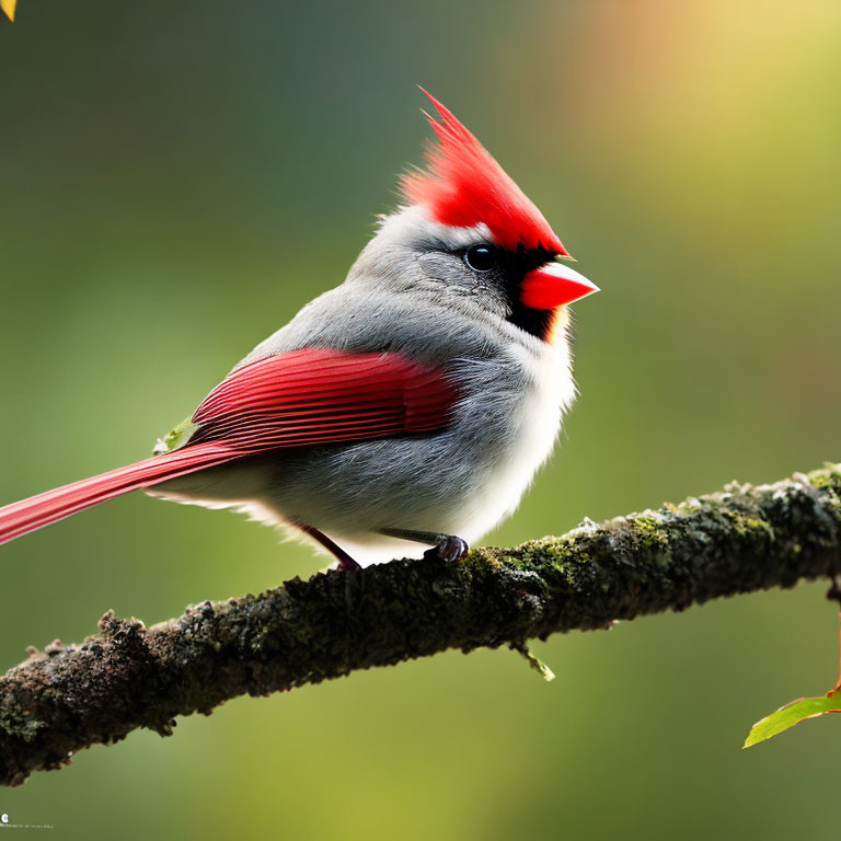 Vibrant red Northern Cardinal bird on moss-covered branch