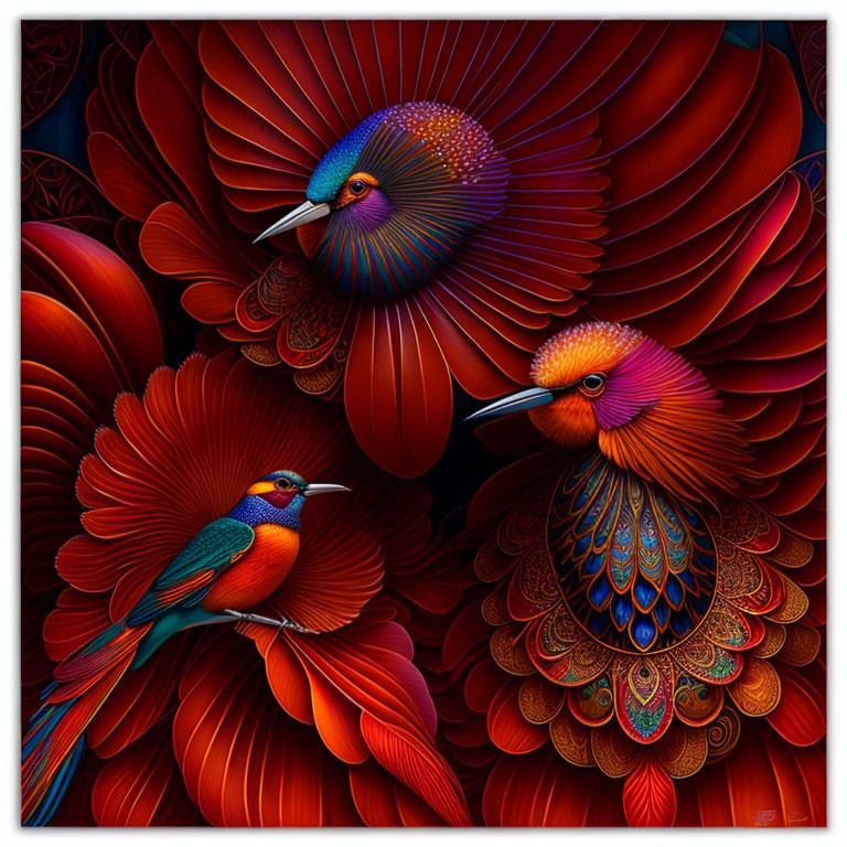 Detailed Stylized Birds Artwork in Deep Reds, Oranges, and Blues