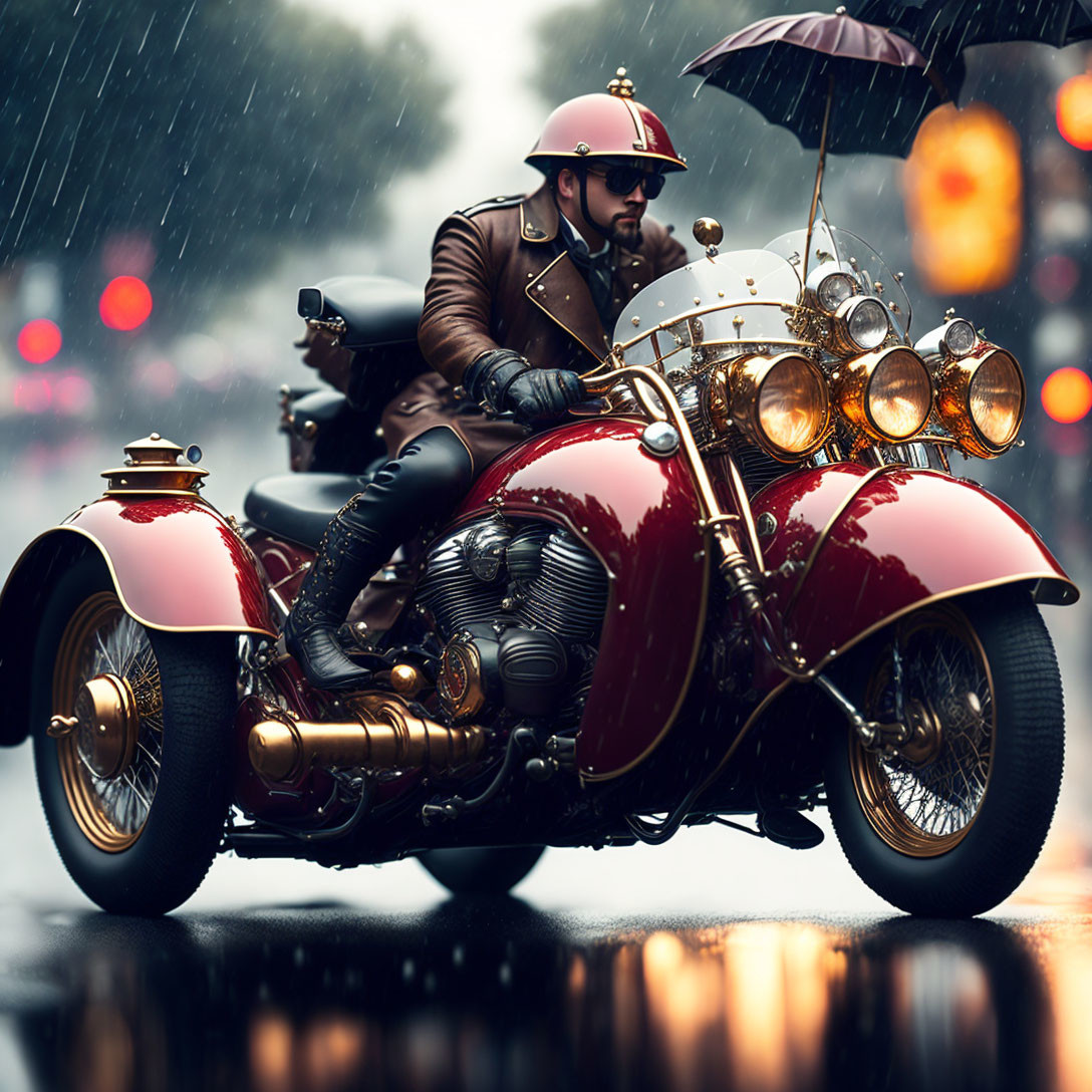 Vintage attire person riding classic sidecar motorcycle in rain