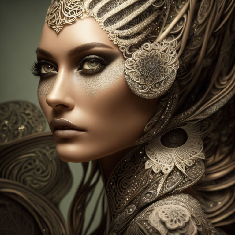 Detailed ornate headdress on woman with striking gaze and flawless makeup