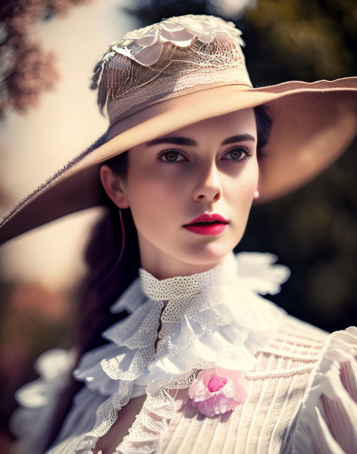 Vintage woman in wide-brimmed hat and lace veil with pink flower gazes into distance