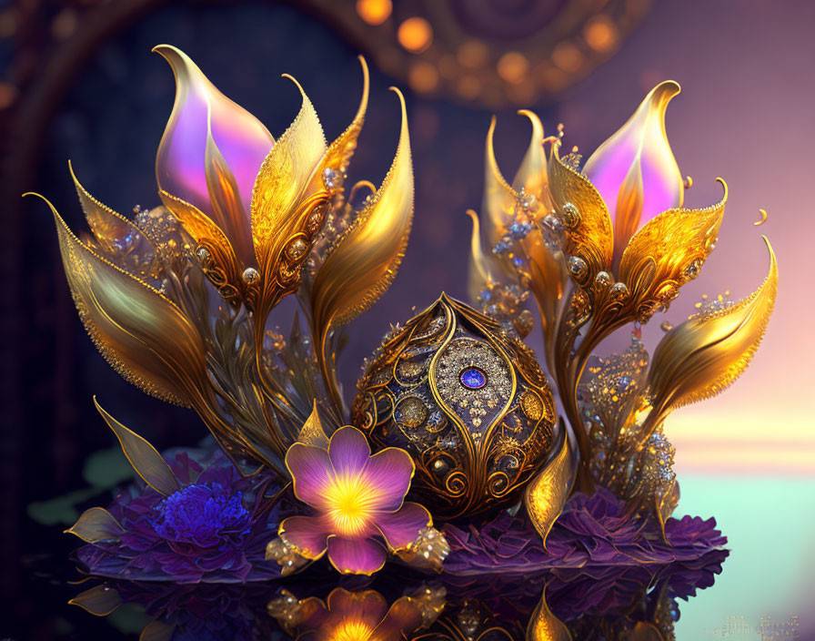 Golden Egg with Sapphire, Gold Leaves, and Purple Flowers