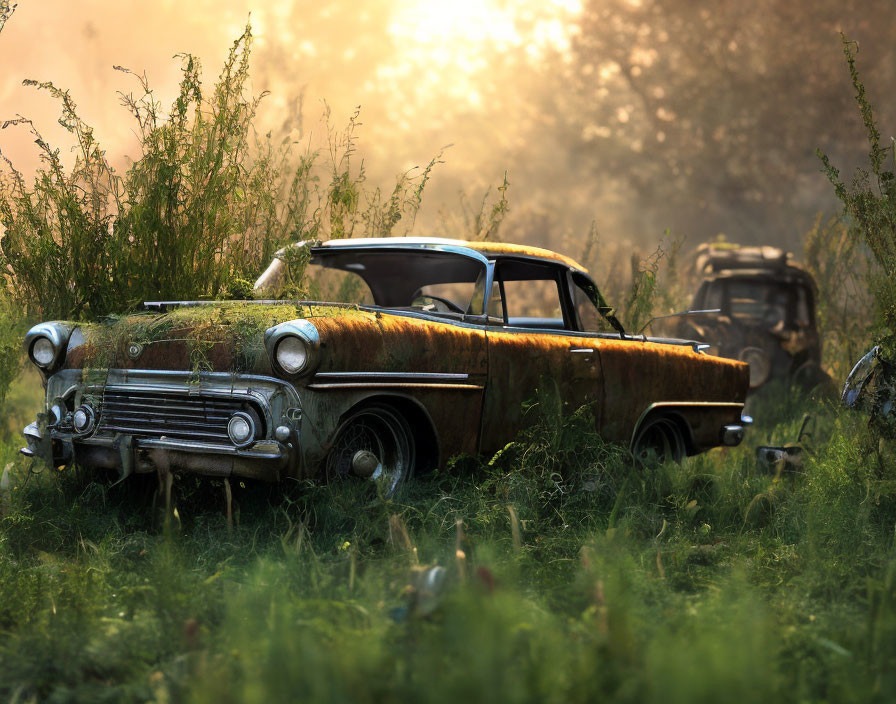 Abandoned vintage rusty cars in field at sunrise