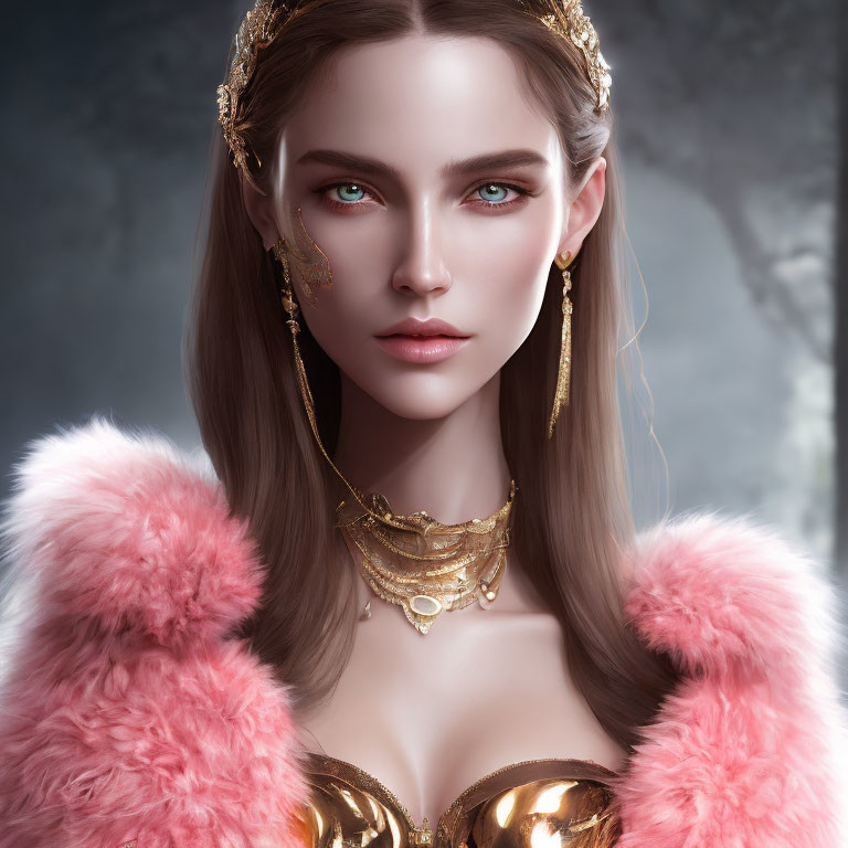 Portrait of Woman with Green Eyes and Golden Accessories in Pink Fur Coat