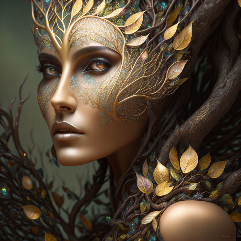 Digital artwork: Woman with tree-branch adornments and golden leaves, resembling a serene dryad