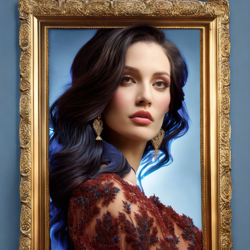 Elegant woman with wavy hair and earrings in gold frame on blue background