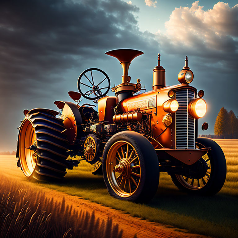 Vintage Tractor in Field at Sunset with Dramatic Lighting and Clouds