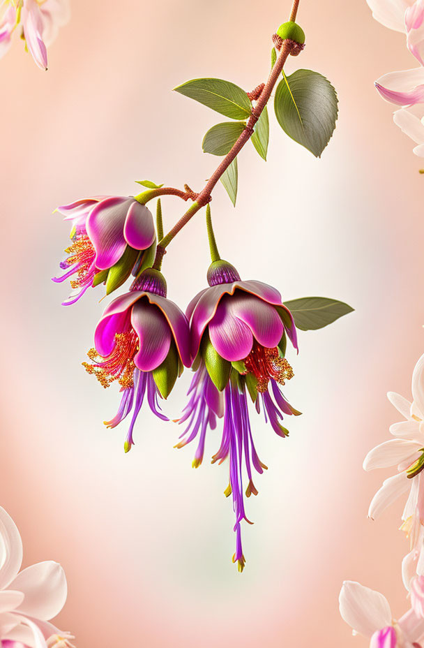 Vibrant purple fuchsia flowers with long stamens on green branch against pink background